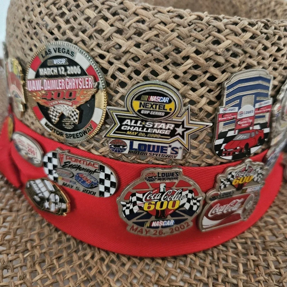 Dale Earnhardt Straw Hat With 40 Racing Pins NASCAR Automobile Some Vintage
